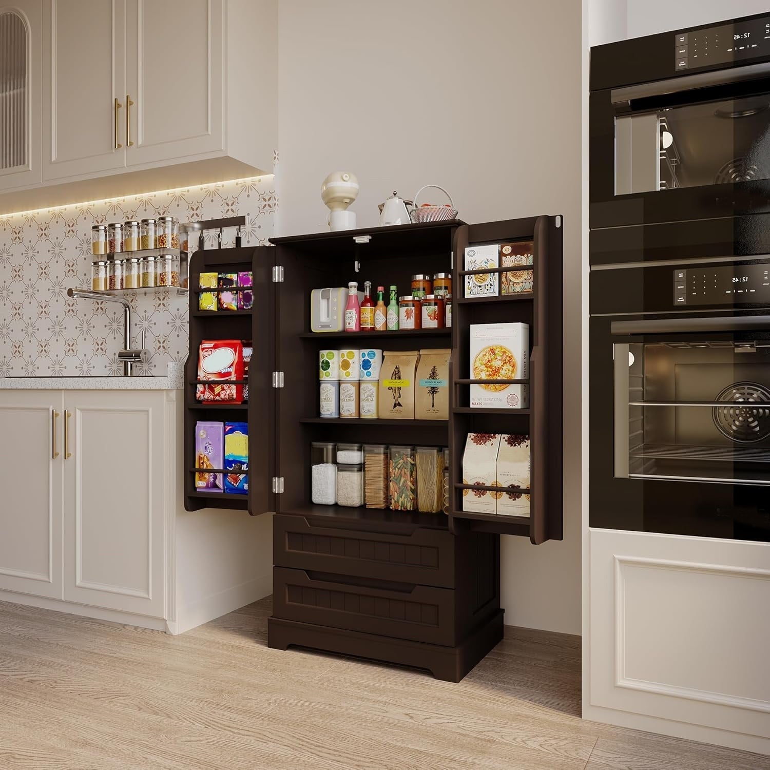 Armoire de rangement de cuisine, armoire de rangement de salle de bain indépendante avec 2 portes et tiroirs