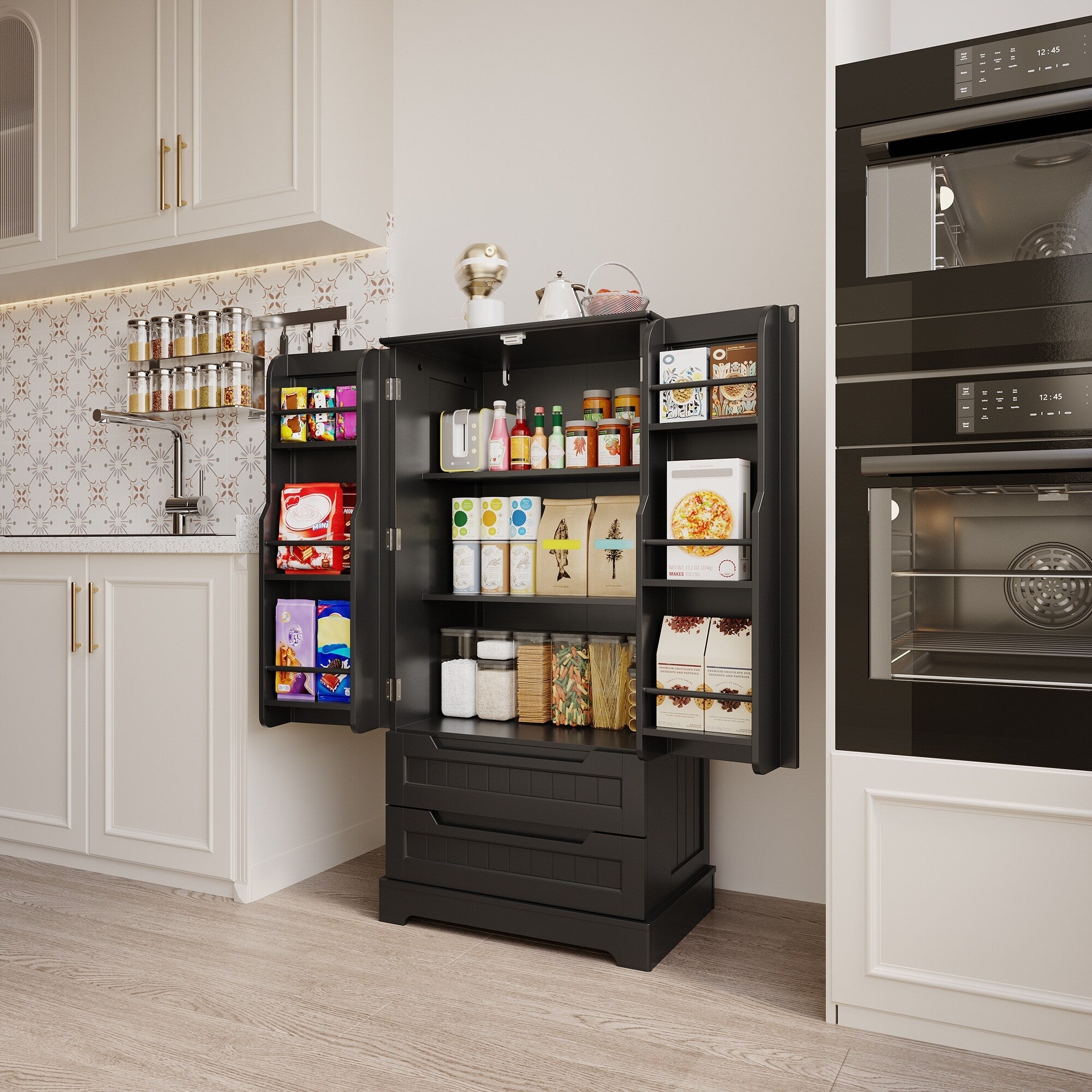 Armoire de rangement de cuisine, armoire de rangement de salle de bain indépendante avec 2 portes et tiroirs