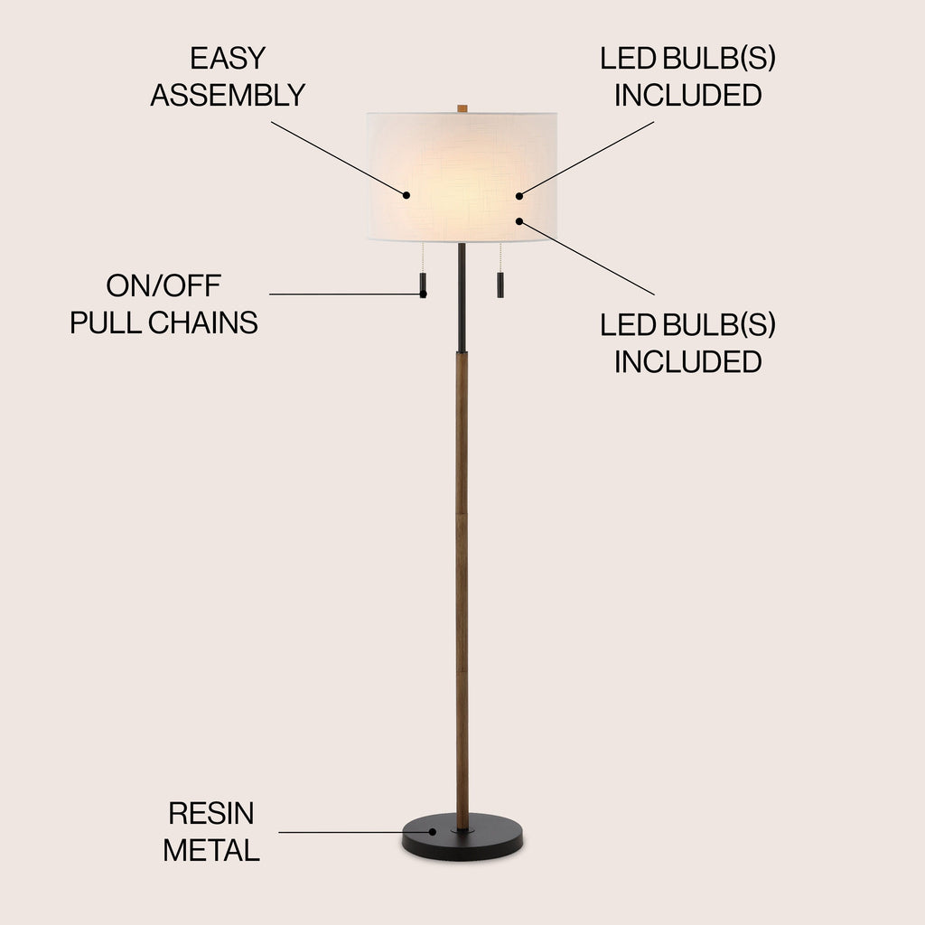 Lampadaire LED Koda 61 rustique en fer avec chandelier et chaînes de traction, finition bois marron/noir par JONATHAN Y