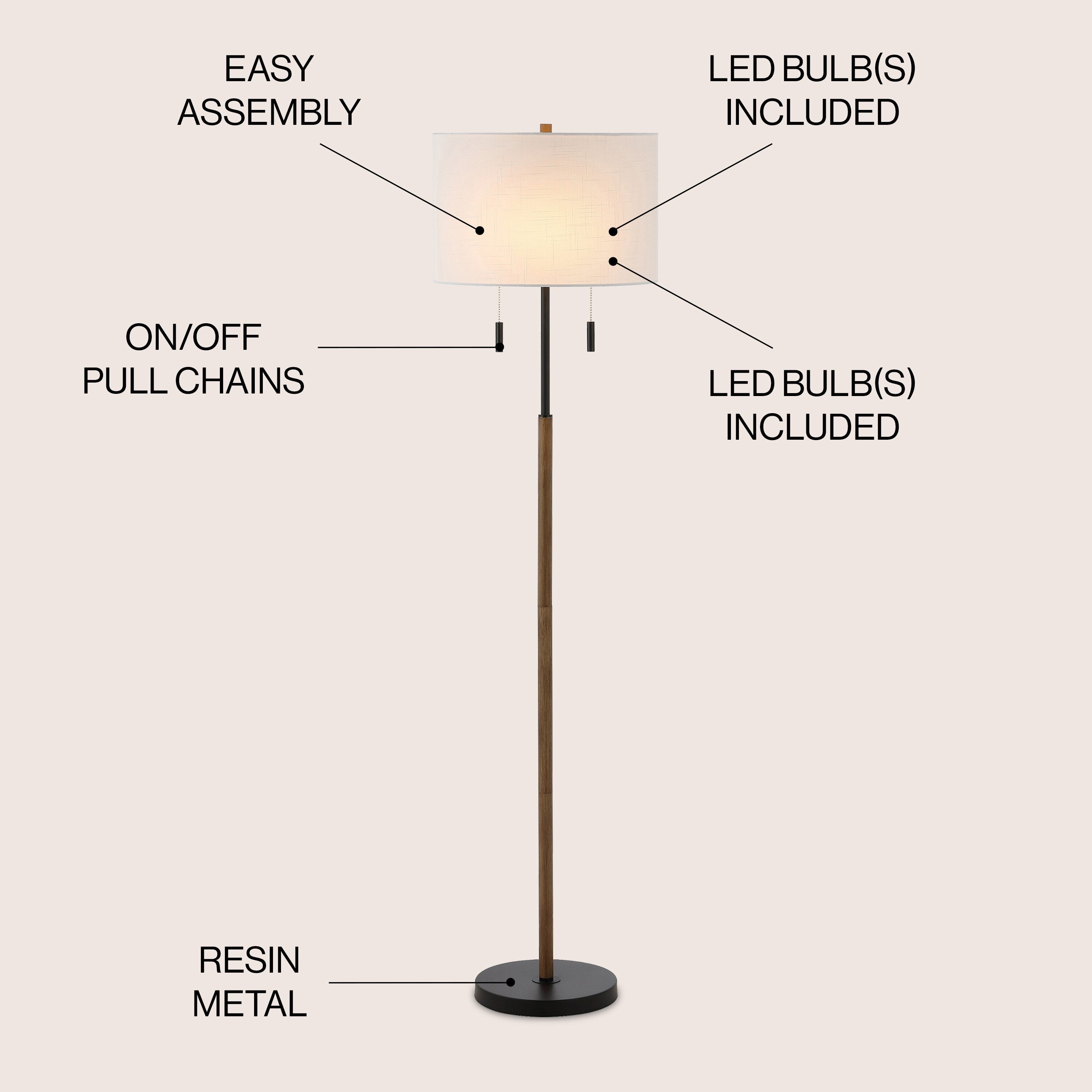 Lampadaire LED Koda 61 rustique en fer avec chandelier et chaînes de traction, finition bois marron/noir par JONATHAN Y