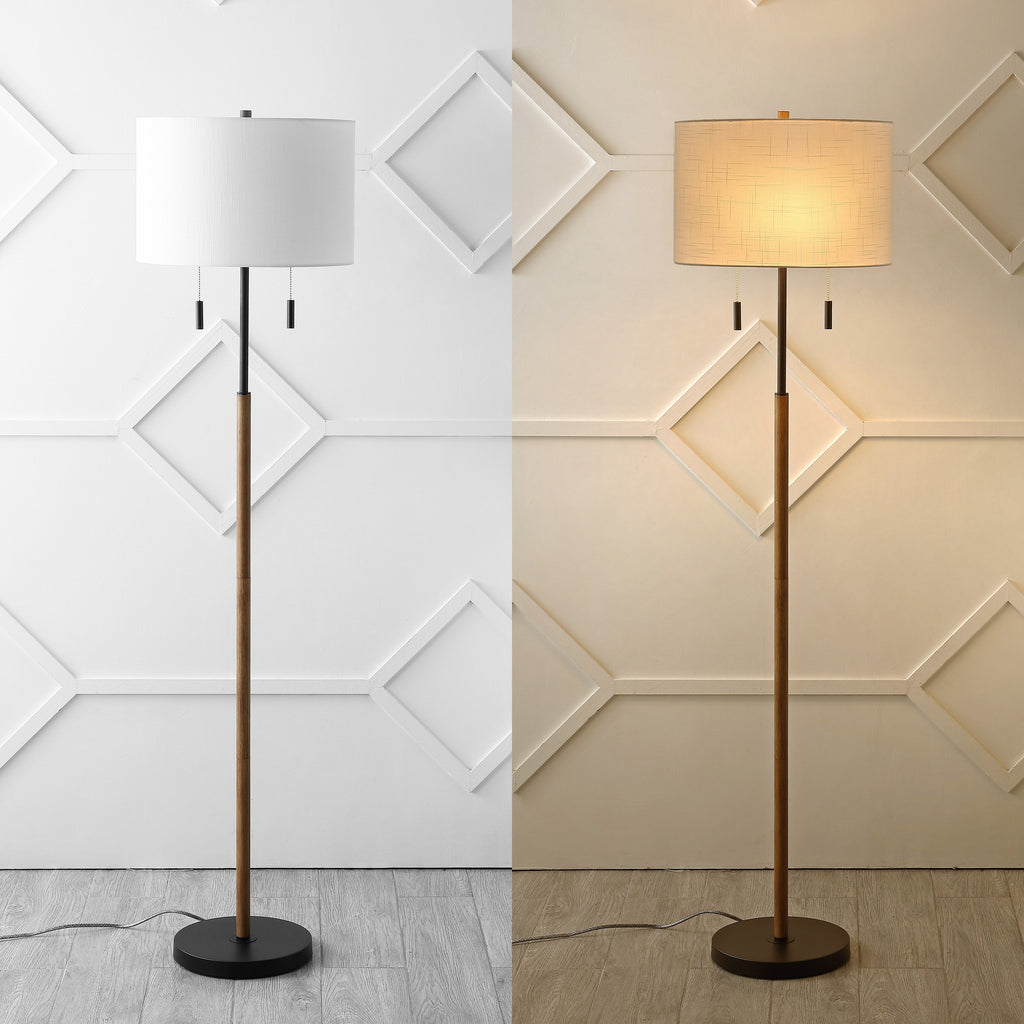 Lampadaire LED Koda 61 rustique en fer avec chandelier et chaînes de traction, finition bois marron/noir par JONATHAN Y