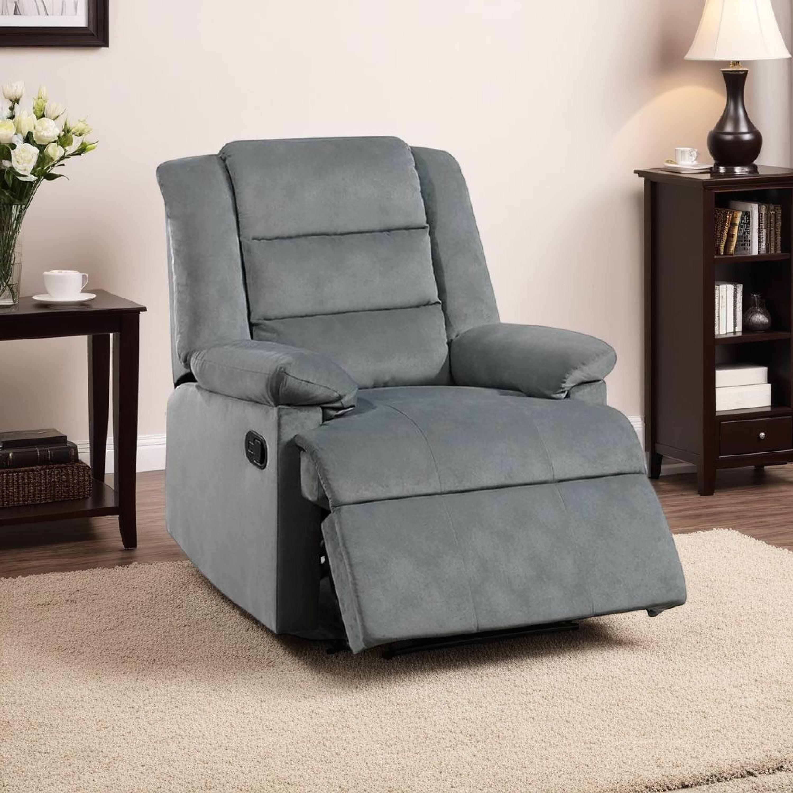 Fauteuil inclinable manuel Kori, velours gris foncé rembourré, bois massif
