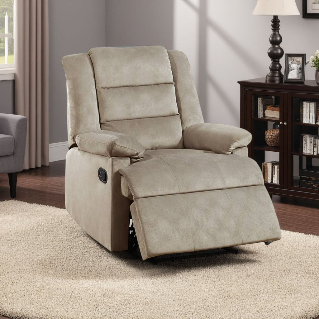 Fauteuil inclinable manuel Kori, velours beige doux et rembourré, bois massif