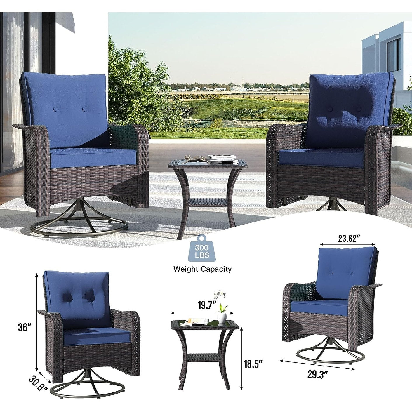 Ensemble de meubles de patio 3 pièces Kullavik, chaises pivotantes à bascule pour l'extérieur