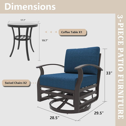 Ensemble de 3 chaises pivotantes à bascule en aluminium Kullavik avec plateau en verre et 5 coussins épais
