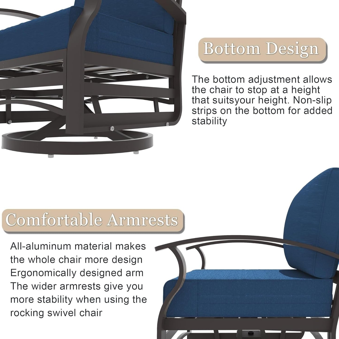 Ensemble de 3 chaises pivotantes à bascule en aluminium Kullavik avec plateau en verre et 5 coussins épais