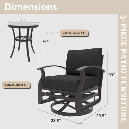 Ensemble de 3 chaises pivotantes à bascule en aluminium Kullavik avec plateau en verre et 5 coussins épais