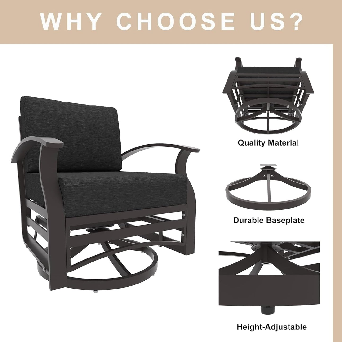 Ensemble de 3 chaises pivotantes à bascule en aluminium Kullavik avec plateau en verre et 5 coussins épais