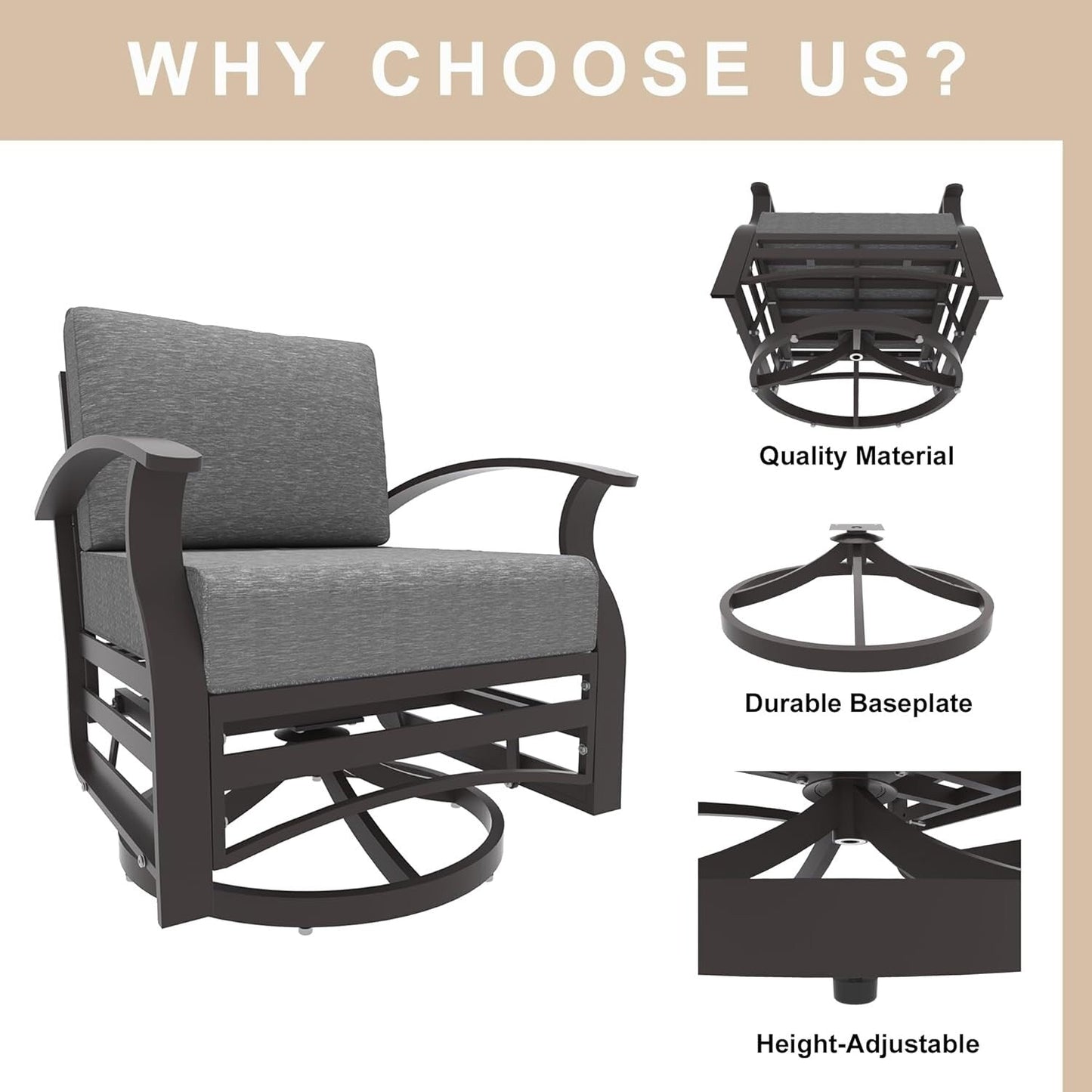 Ensemble de 3 chaises pivotantes à bascule en aluminium Kullavik avec plateau en verre et 5 coussins épais