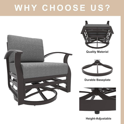 Ensemble de 3 chaises pivotantes à bascule en aluminium Kullavik avec plateau en verre et 5 coussins épais