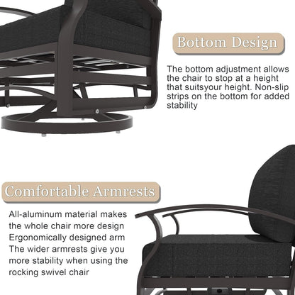 Ensemble de 3 chaises pivotantes à bascule en aluminium Kullavik avec plateau en verre et 5 coussins épais