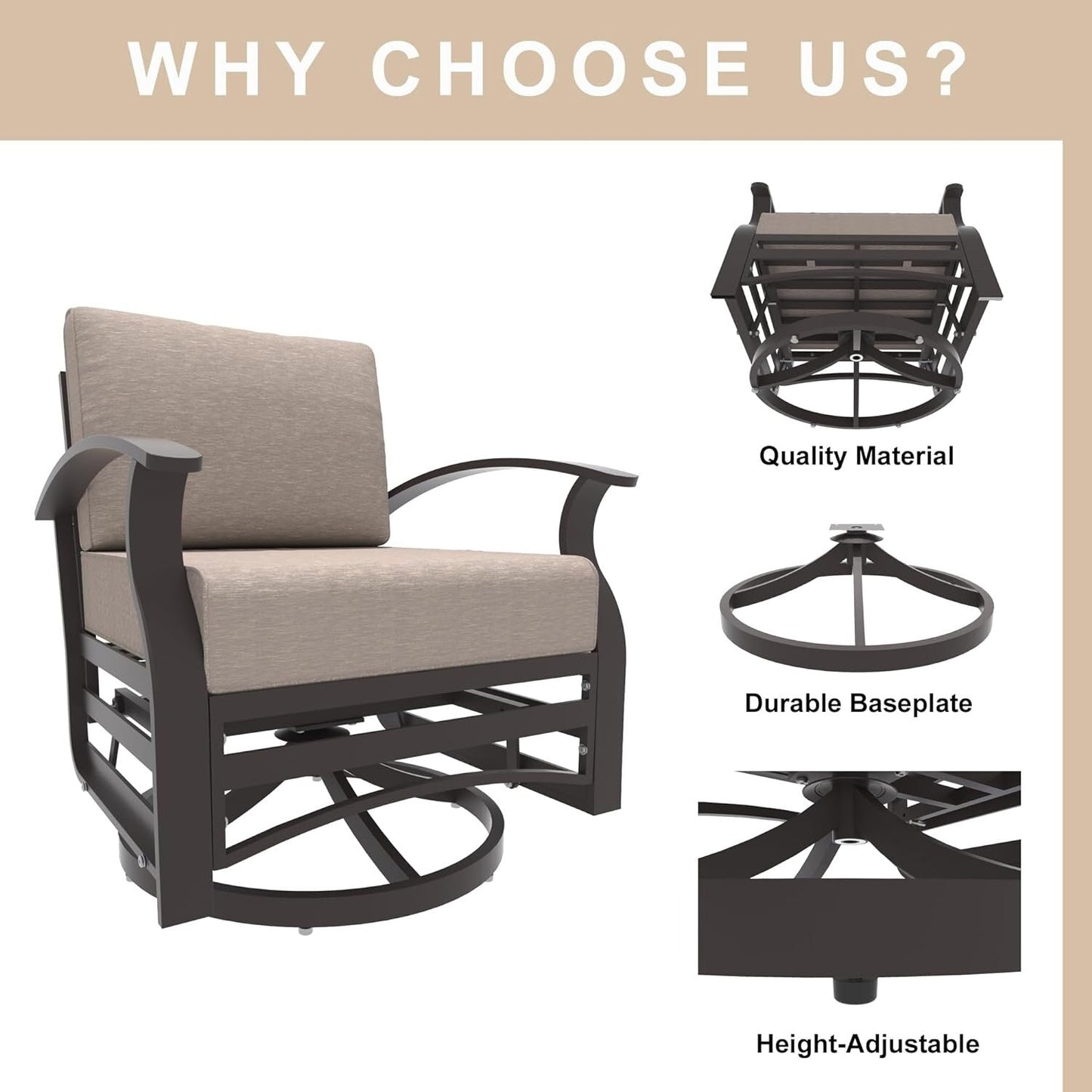 Ensemble de 3 chaises pivotantes à bascule en aluminium Kullavik avec plateau en verre et 5 coussins épais