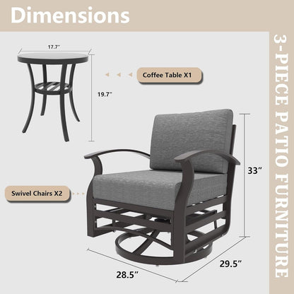 Ensemble de 3 chaises pivotantes à bascule en aluminium Kullavik avec plateau en verre et 5 coussins épais