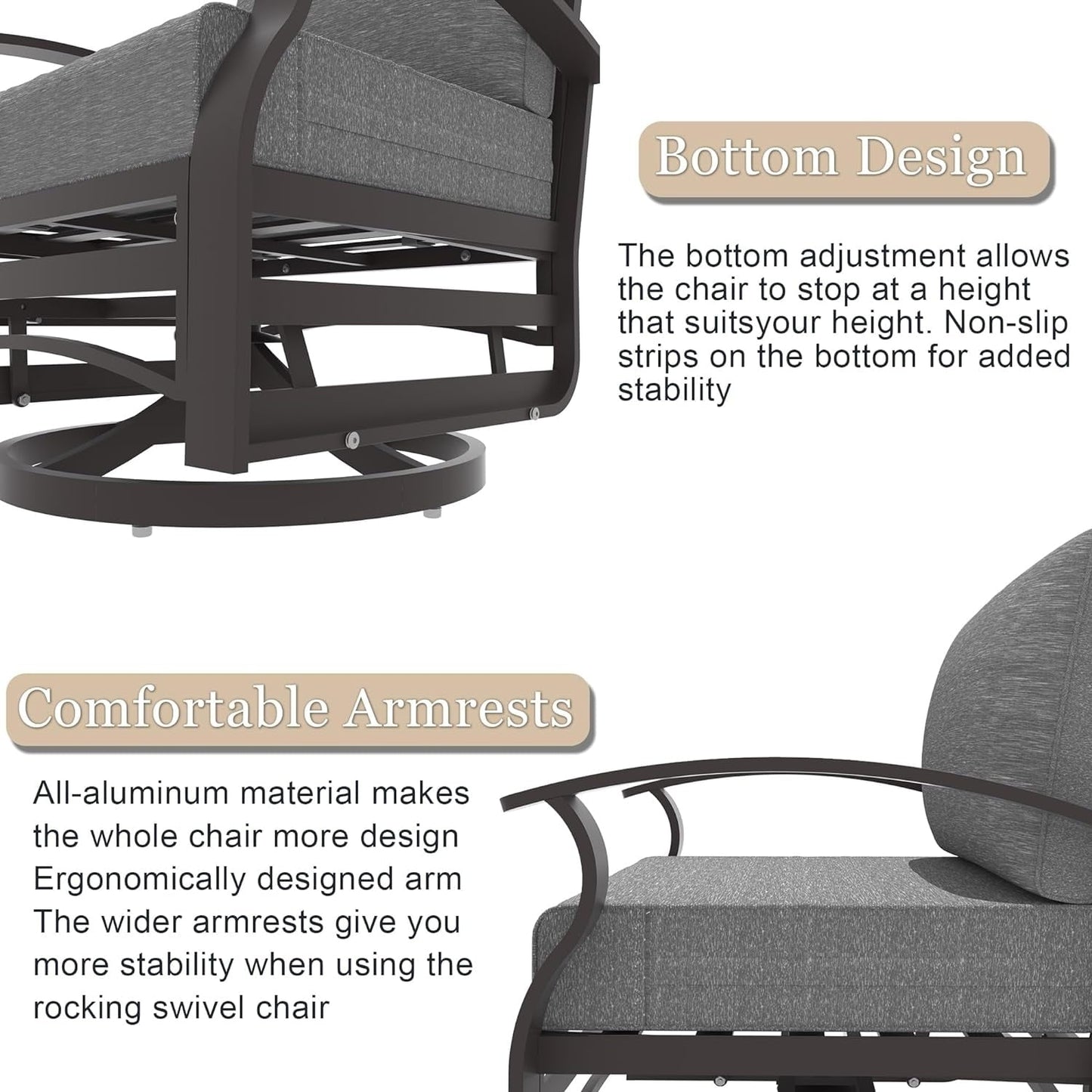 Ensemble de 3 chaises pivotantes à bascule en aluminium Kullavik avec plateau en verre et 5 coussins épais