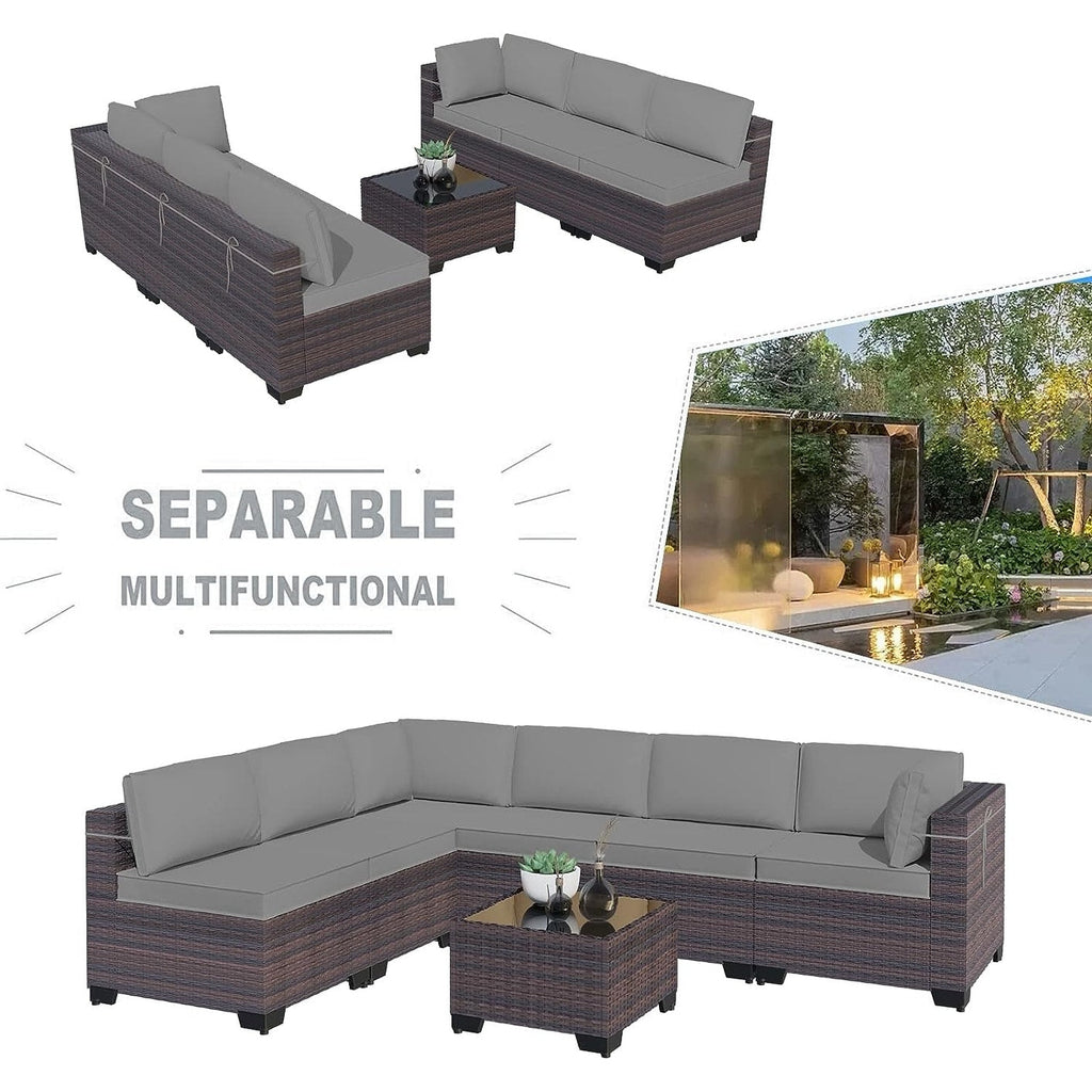Ensemble de canapés d'extérieur sectionnels Kullavik 7 pièces en osier marron avec coussins d'assise et table en verre trempé