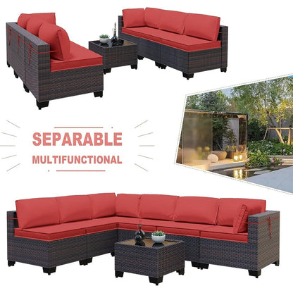 Ensemble de canapés d'extérieur sectionnels Kullavik 7 pièces en osier marron avec coussins d'assise et table en verre trempé