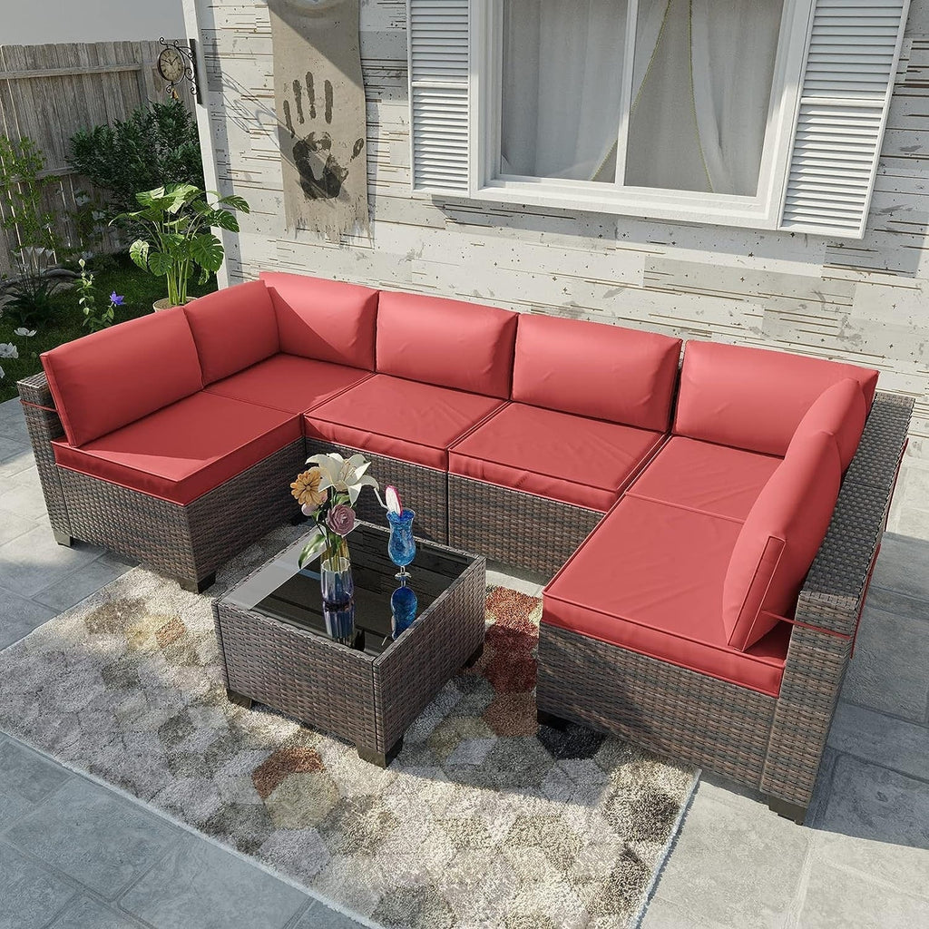 Ensemble de canapés d'extérieur sectionnels Kullavik 7 pièces en osier marron avec coussins d'assise et table en verre trempé