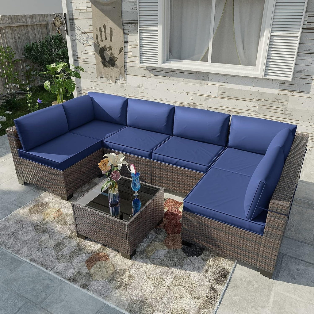 Ensemble de canapés d'extérieur sectionnels Kullavik 7 pièces en osier marron avec coussins d'assise et table en verre trempé