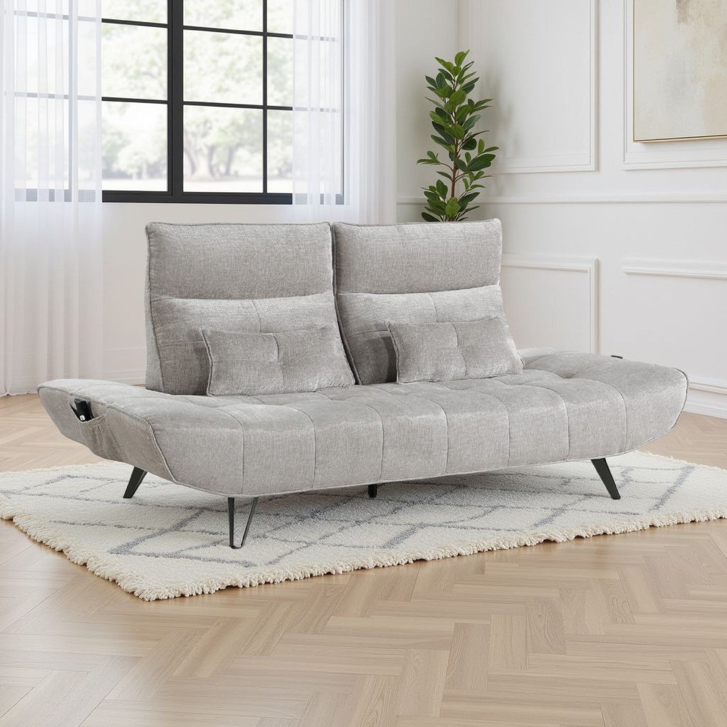 Canapé inclinable électrique à profondeur réglable Kyan, coussins en chenille gris clair