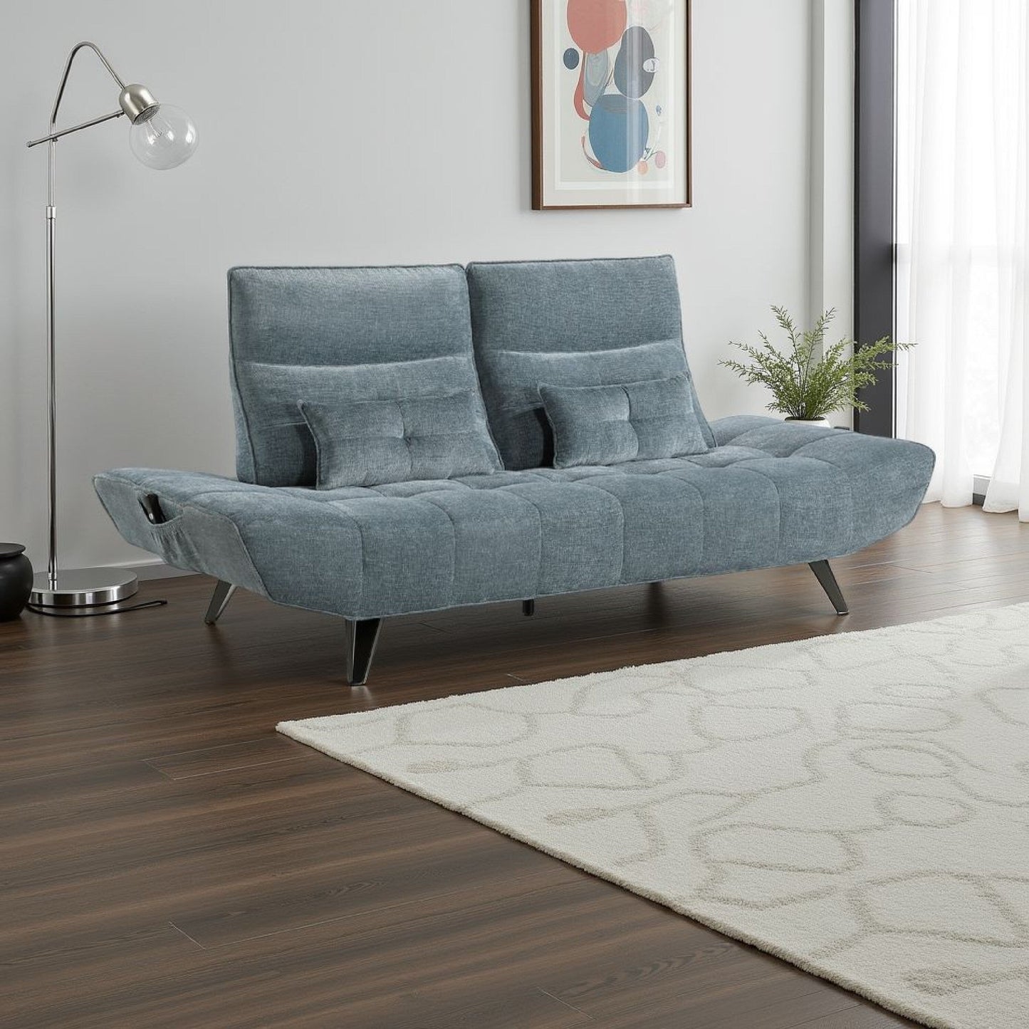 Canapé inclinable électrique réglable en profondeur Kyan, 2 coussins, chenille bleue