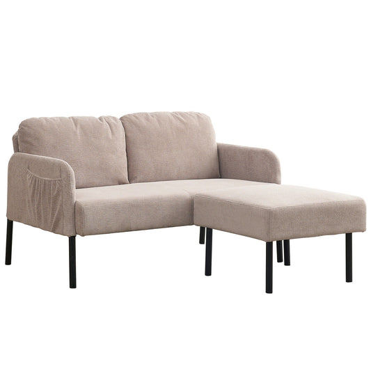 Canapé 2 places en L avec pouf, canapé causeuse moderne en tissu polyester, petit canapé confortable pour petit espace