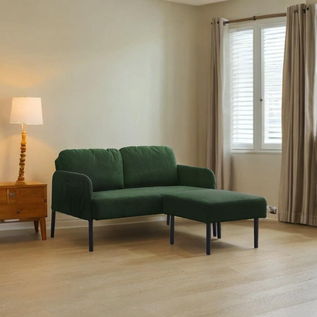 Canapé 2 places en L avec pouf, canapé causeuse moderne en tissu polyester, petit canapé confortable pour petit espace