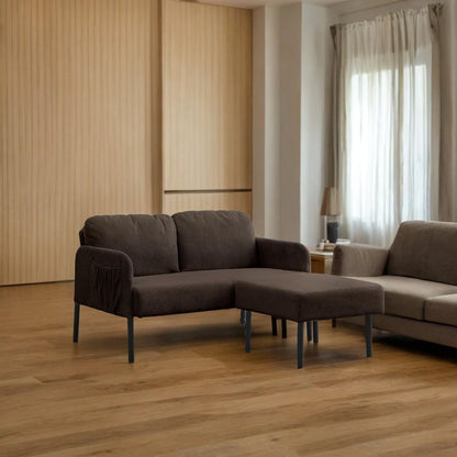 Canapé 2 places en L avec pouf, canapé causeuse moderne en tissu polyester, petit canapé confortable pour petit espace