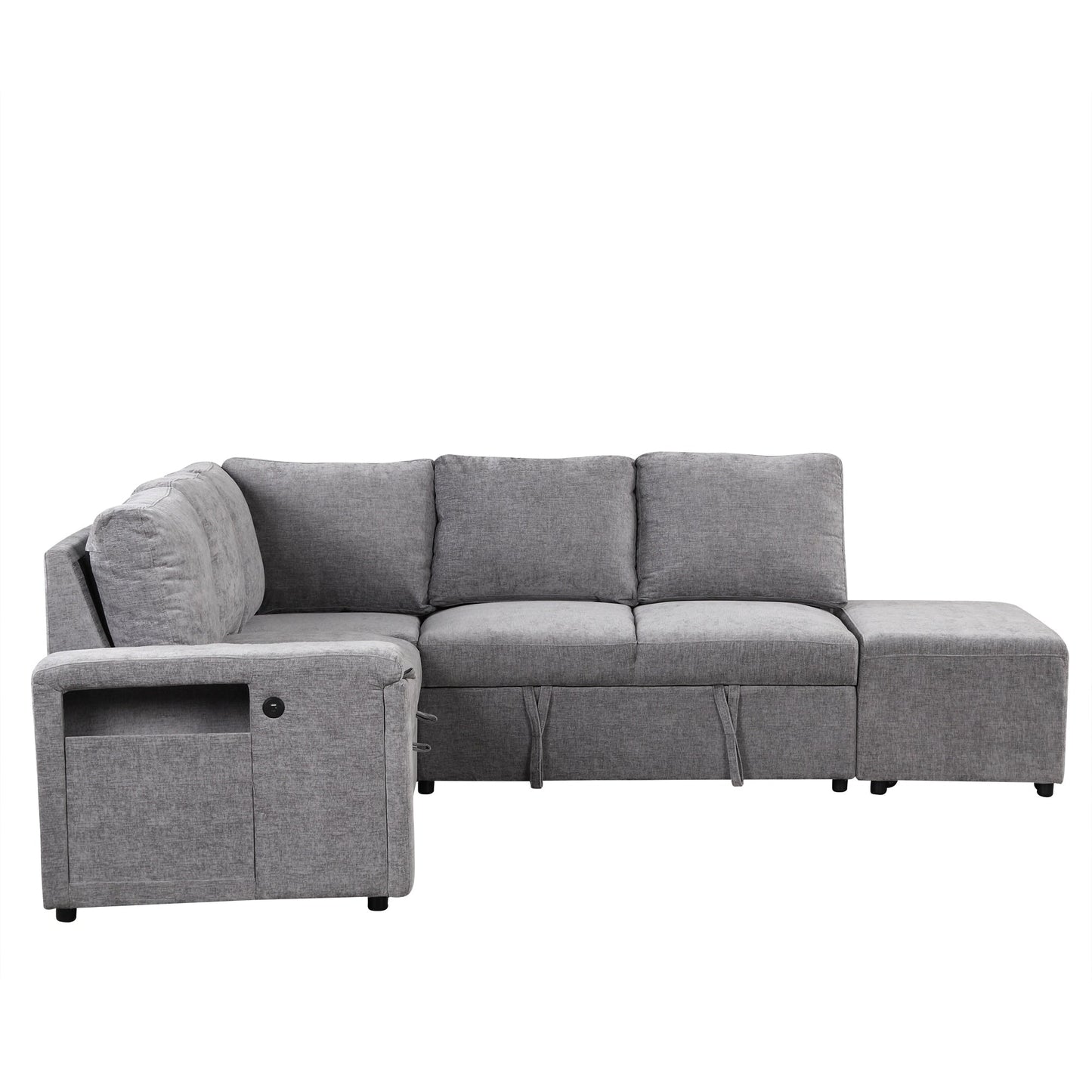 Canapé sectionnel 5 places en L avec pouf coulissant, porte-gobelets intégrés, port de chargement USB et coussins amovibles