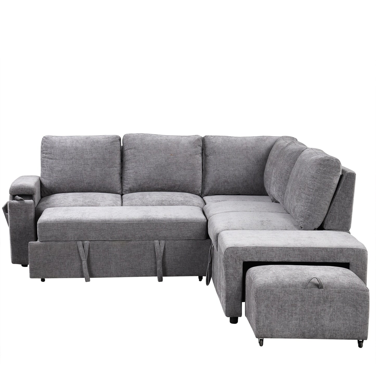 Canapé sectionnel 5 places en L avec pouf coulissant, porte-gobelets intégrés, port de chargement USB et coussins amovibles
