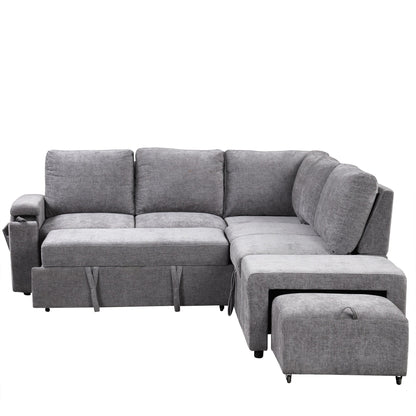 Canapé sectionnel 5 places en L avec pouf coulissant, porte-gobelets intégrés, port de chargement USB et coussins amovibles