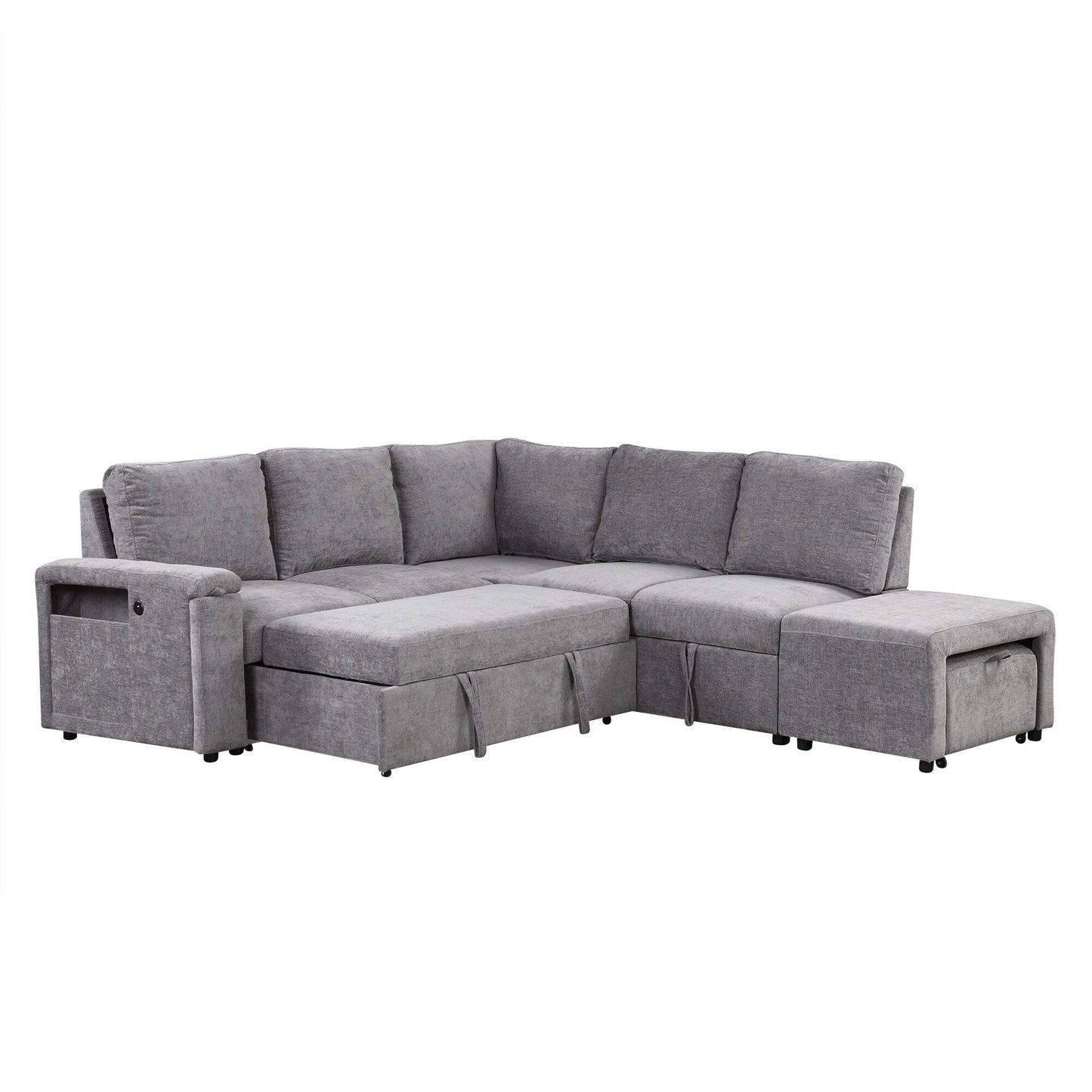 Canapé sectionnel 5 places en L avec pouf coulissant, porte-gobelets intégrés, port de chargement USB et coussins amovibles