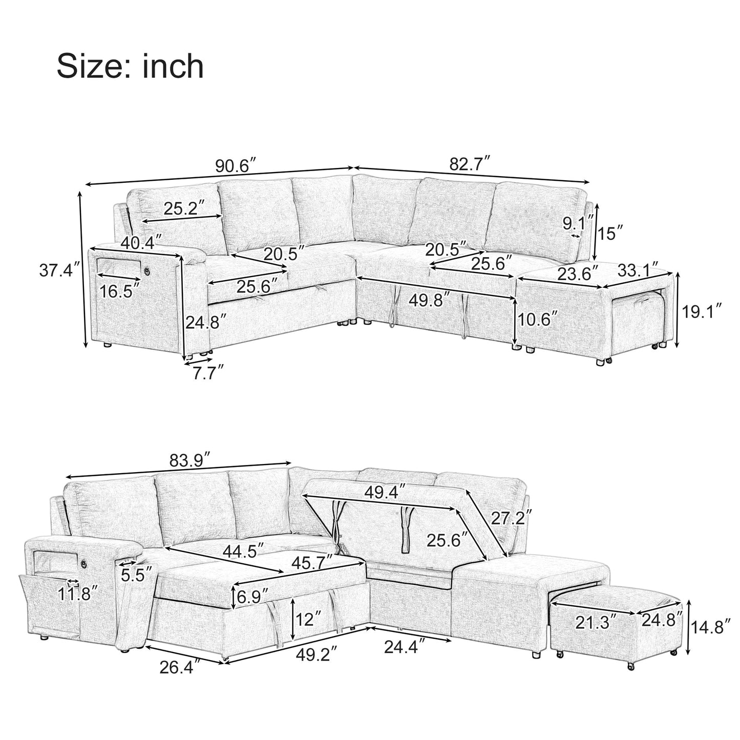 Canapé sectionnel 5 places en L avec pouf coulissant, porte-gobelets intégrés, port de chargement USB et coussins amovibles