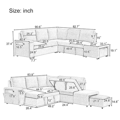 Canapé sectionnel 5 places en L avec pouf coulissant, porte-gobelets intégrés, port de chargement USB et coussins amovibles