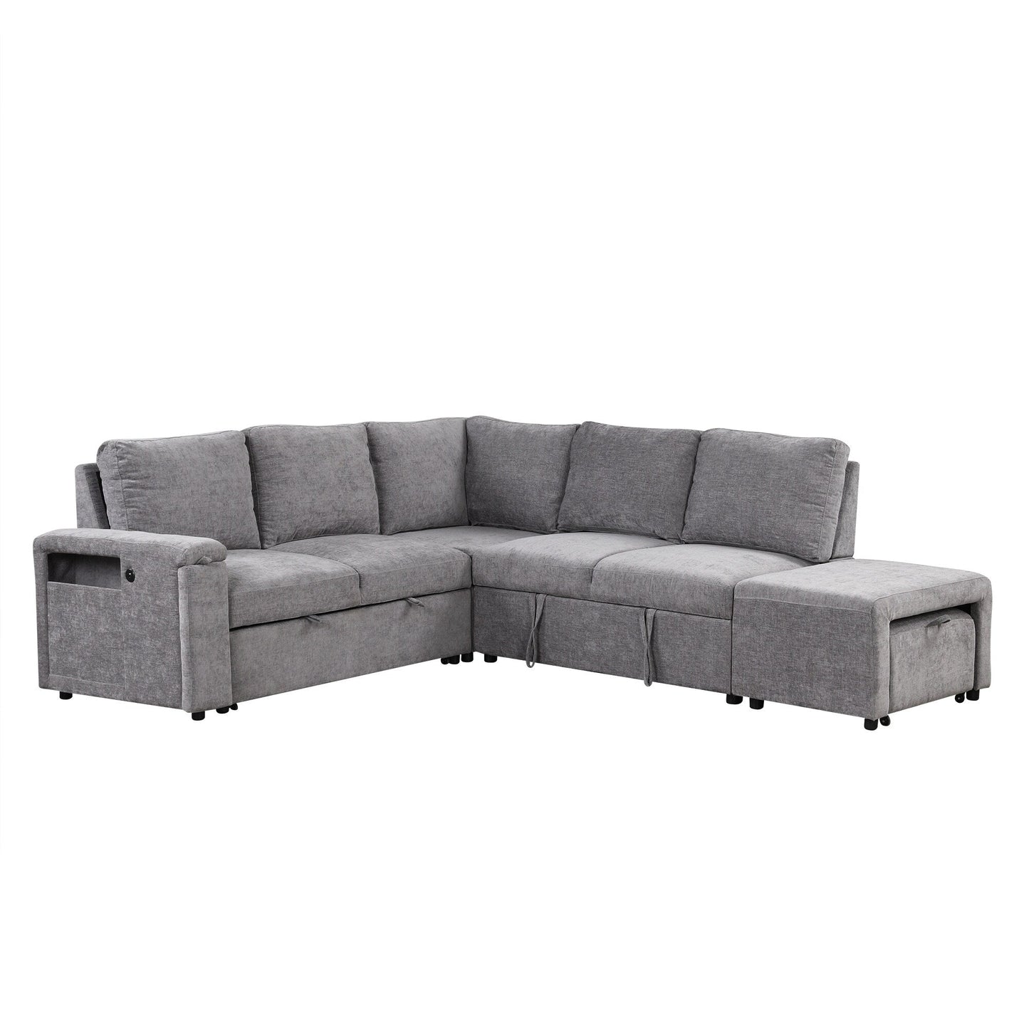 Canapé sectionnel 5 places en L avec pouf coulissant, porte-gobelets intégrés, port de chargement USB et coussins amovibles