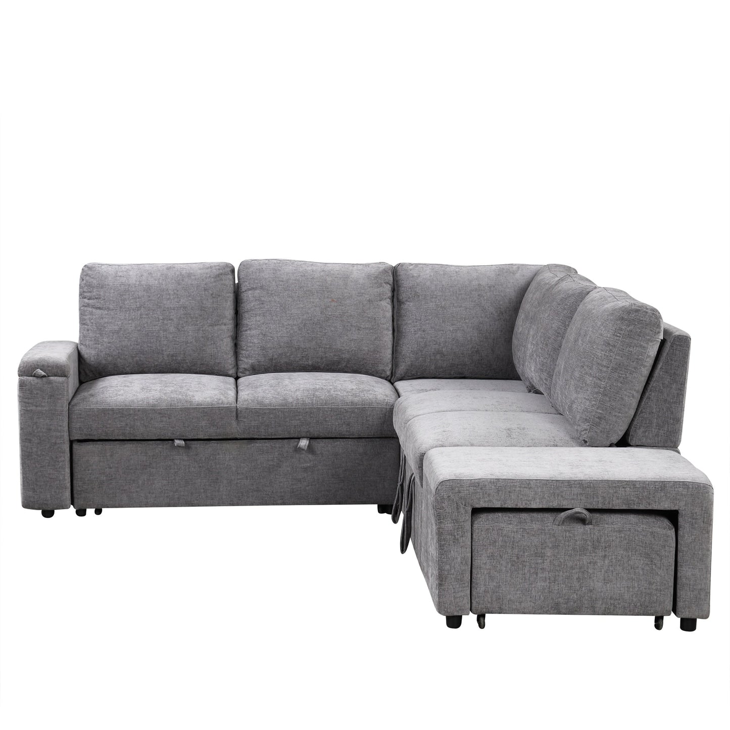 Canapé sectionnel 5 places en L avec pouf coulissant, porte-gobelets intégrés, port de chargement USB et coussins amovibles