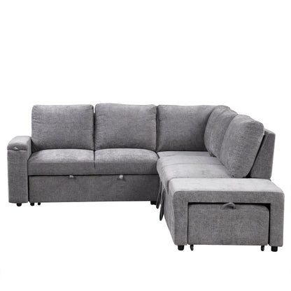 Canapé sectionnel 5 places en L avec pouf coulissant, porte-gobelets intégrés, port de chargement USB et coussins amovibles