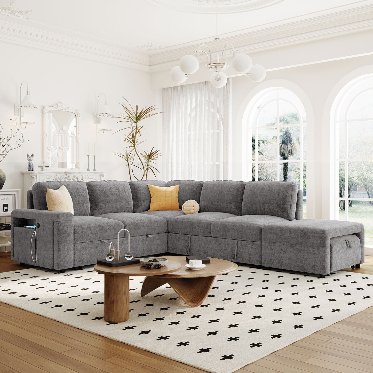 Canapé sectionnel 5 places en L avec pouf coulissant, porte-gobelets intégrés, port de chargement USB et coussins amovibles