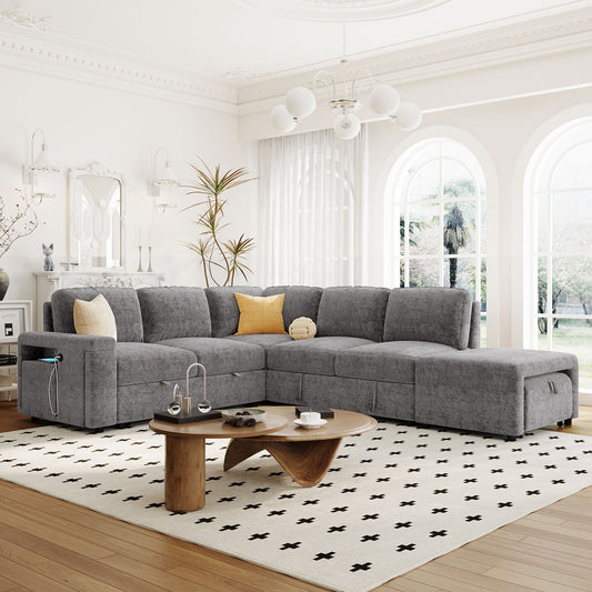 Canapé sectionnel 5 places en L avec pouf coulissant, porte-gobelets intégrés, port de chargement USB et coussins amovibles