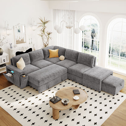 Canapé sectionnel 5 places en L avec pouf coulissant, porte-gobelets intégrés, port de chargement USB et coussins amovibles