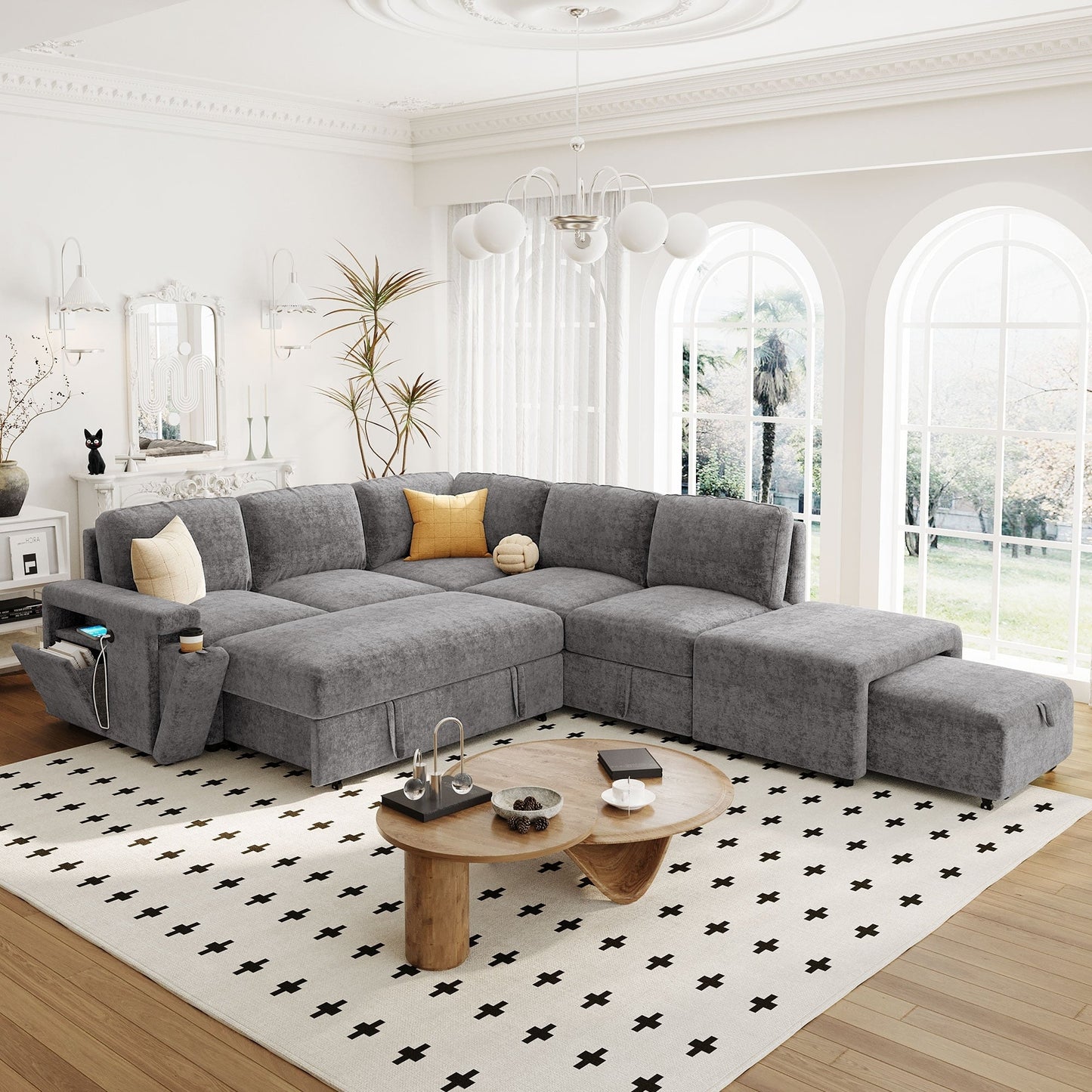 Canapé sectionnel 5 places en L avec pouf coulissant, porte-gobelets intégrés, port de chargement USB et coussins amovibles