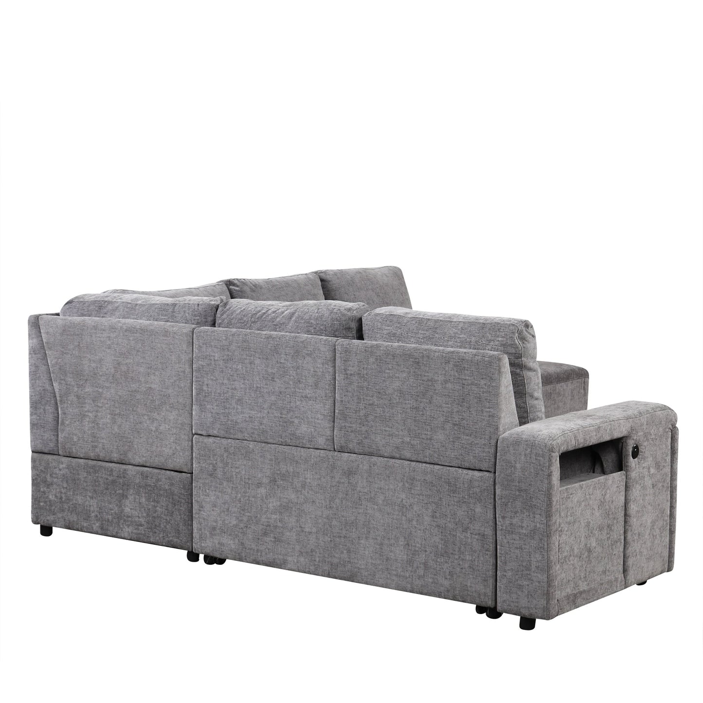 Canapé sectionnel 5 places en L avec pouf coulissant, porte-gobelets intégrés, port de chargement USB et coussins amovibles