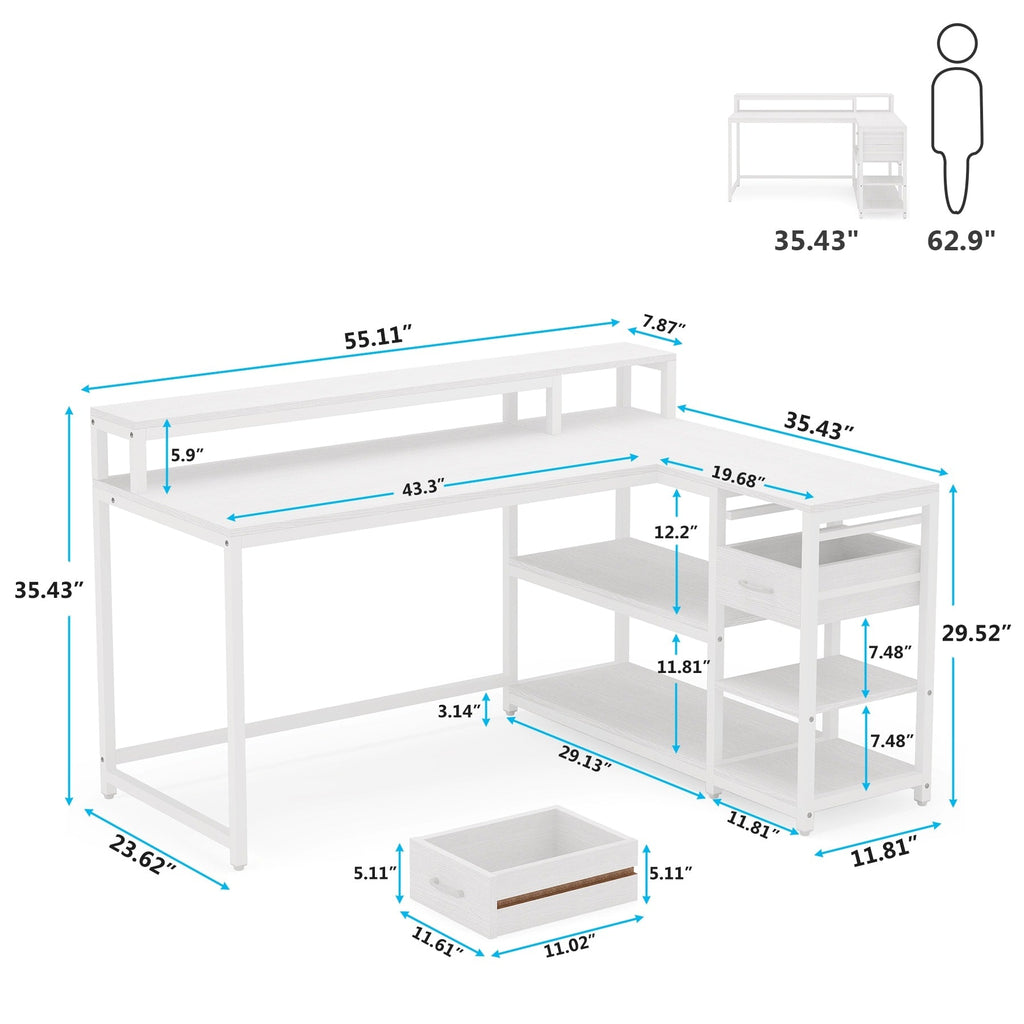 Bureau en L avec tiroir, bureau d'angle avec étagères de rangement et support d'écran, bureau PC rustique pour petit espace