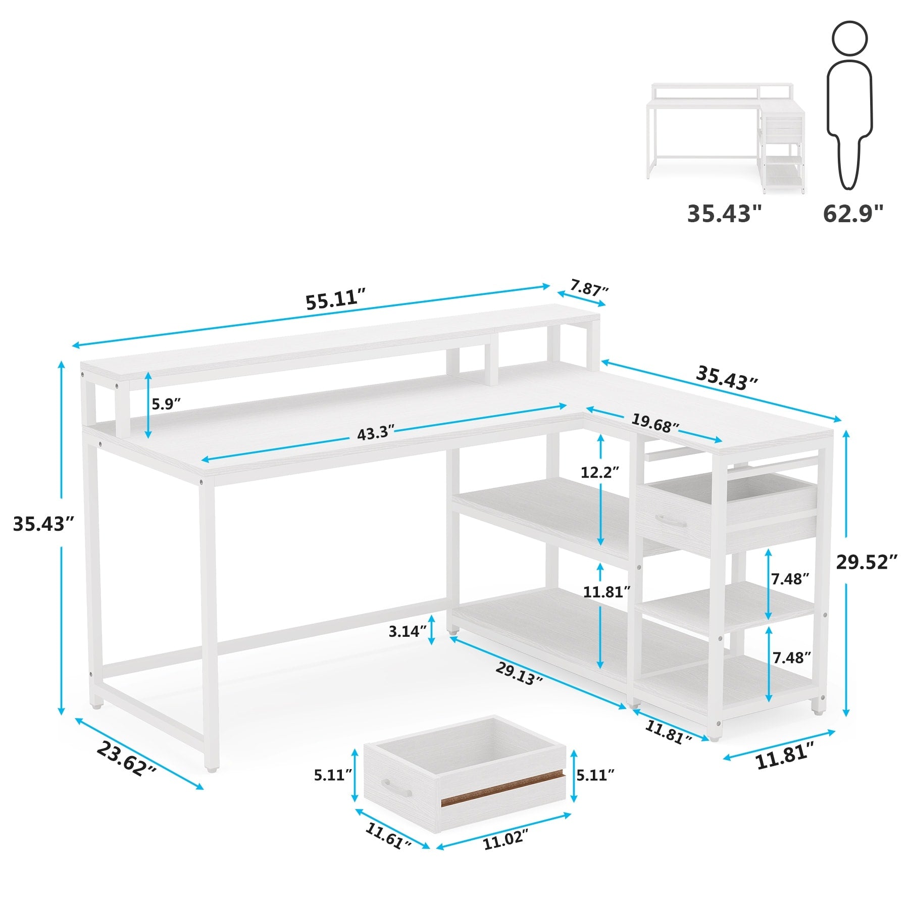 Bureau en L avec tiroir, bureau d'angle avec étagères de rangement et support d'écran, bureau PC rustique pour petit espace