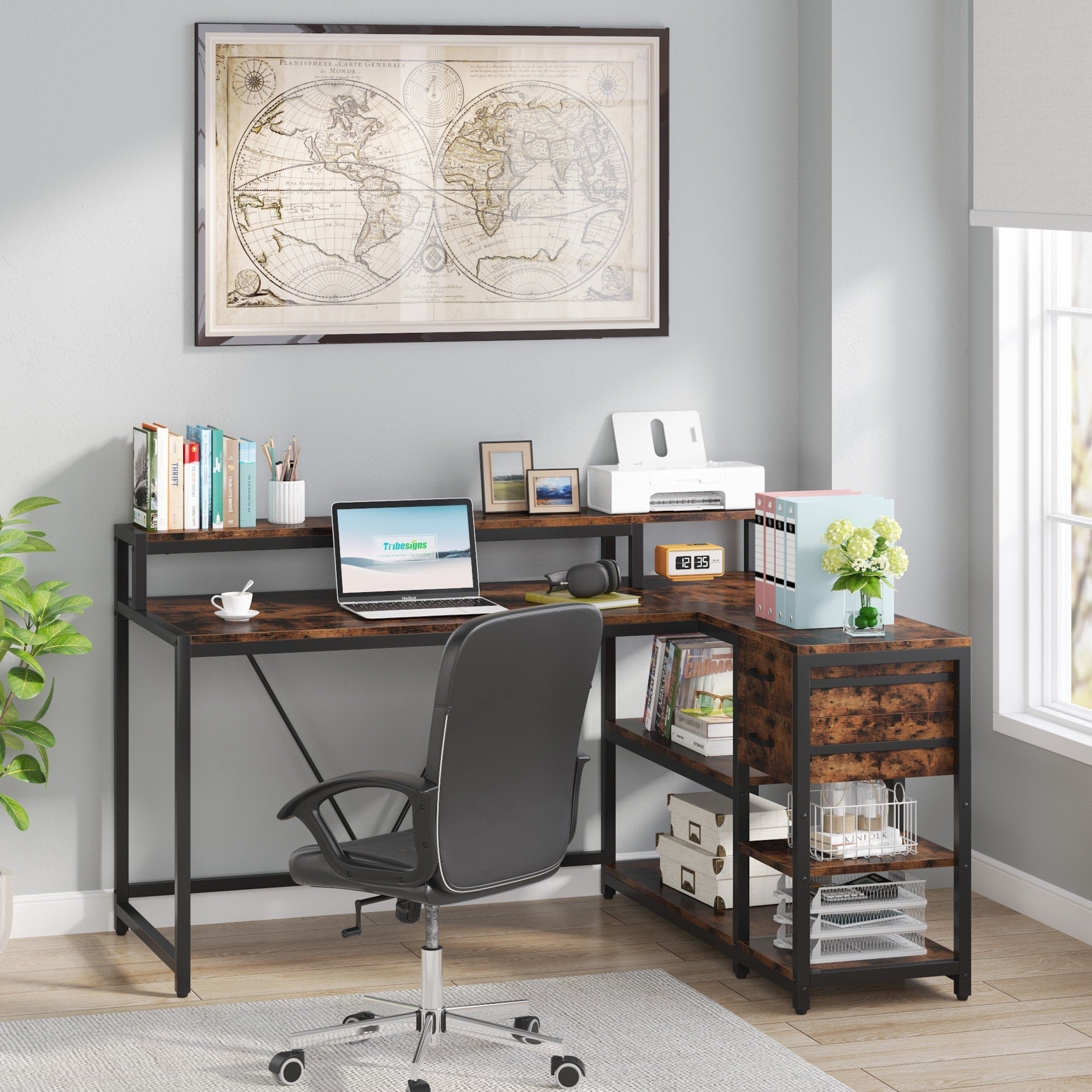 Bureau en L avec tiroir, bureau d'angle avec étagères de rangement et support d'écran, bureau PC rustique pour petit espace