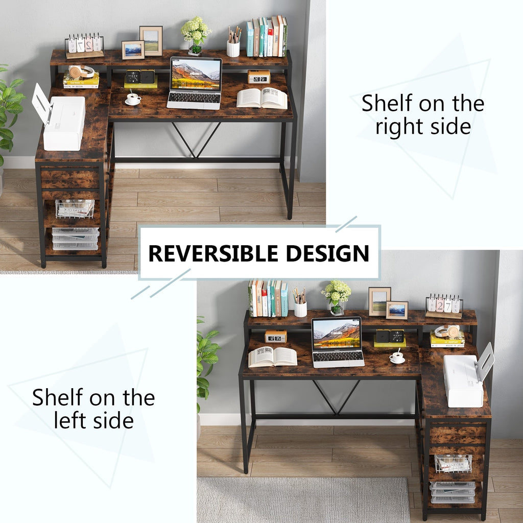 Bureau en L avec tiroir, bureau d'angle avec étagères de rangement et support d'écran, bureau PC rustique pour petit espace