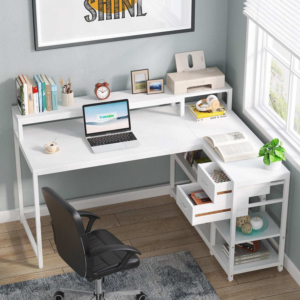 Bureau en L avec tiroir, bureau d'angle avec étagères de rangement et support d'écran, bureau PC rustique pour petit espace