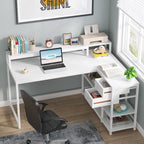 Bureau en L avec tiroir, bureau d'angle avec étagères de rangement et support d'écran, bureau PC rustique pour petit espace