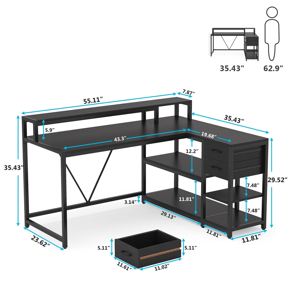 Bureau en L avec tiroir, bureau d'angle avec étagères de rangement et support d'écran, bureau PC rustique pour petit espace