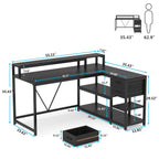 Bureau en L avec tiroir, bureau d'angle avec étagères de rangement et support d'écran, bureau PC rustique pour petit espace