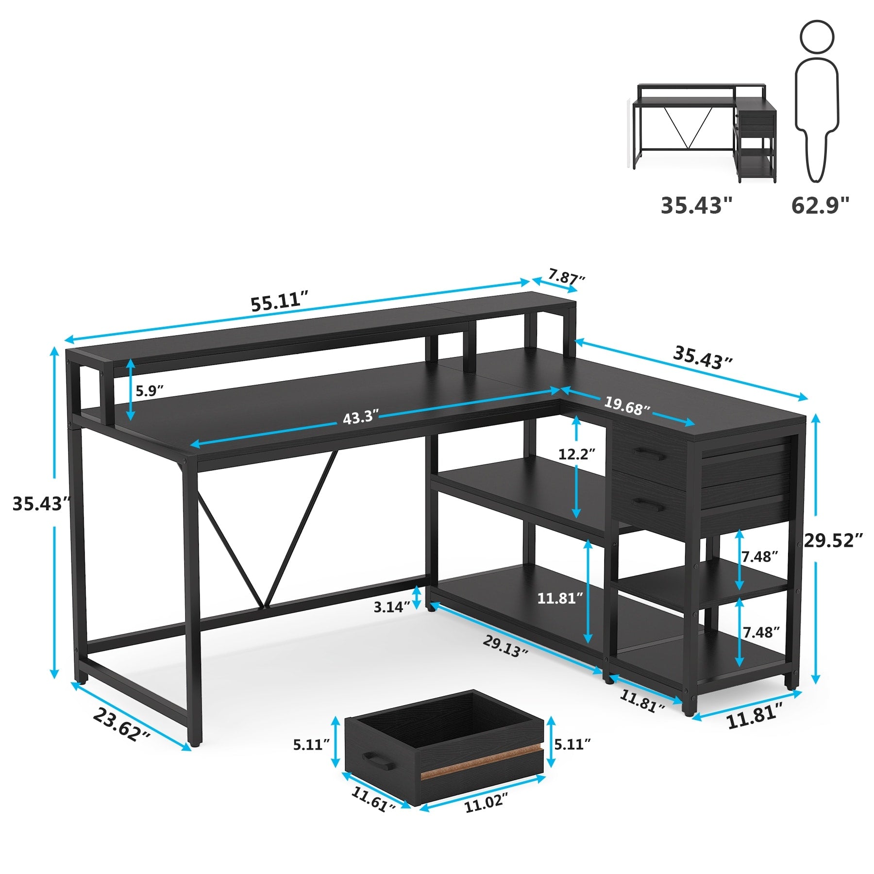 Bureau en L avec tiroir, bureau d'angle avec étagères de rangement et support d'écran, bureau PC rustique pour petit espace